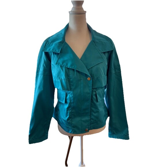 NWT Carlisle Satin Utility Jacket Teal Blue Short Zip Pockets Structured Sz 6 - Picture 3 of 9